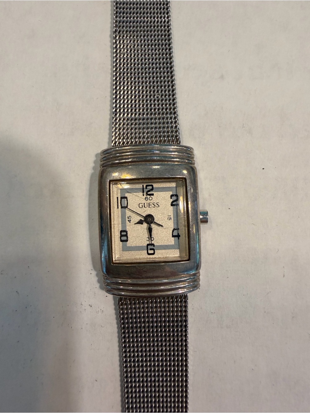 Vintage Guess Rectangular Mesh Bracelet Watch – Y2K Silver Tone Women’s Watch